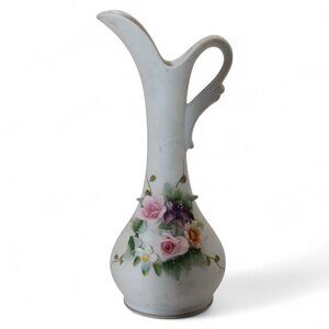 Lefton China Hand Painted Porcelain Pitcher Vase W/ Floral Details 7" Tall Japan